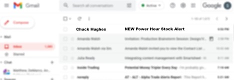 Screenshot of a gmail inbox with an email from Chuck Hughes and subject line NEW Power Hour Stock Alert