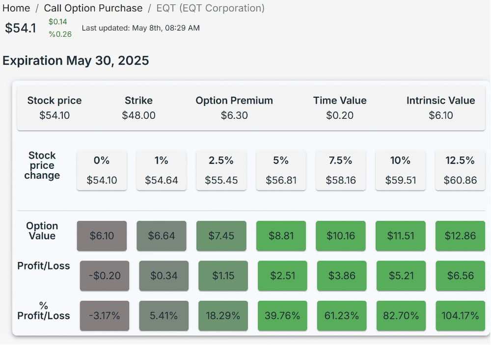 Table showing option value, profit/loss amounts and percents at various stock price changes