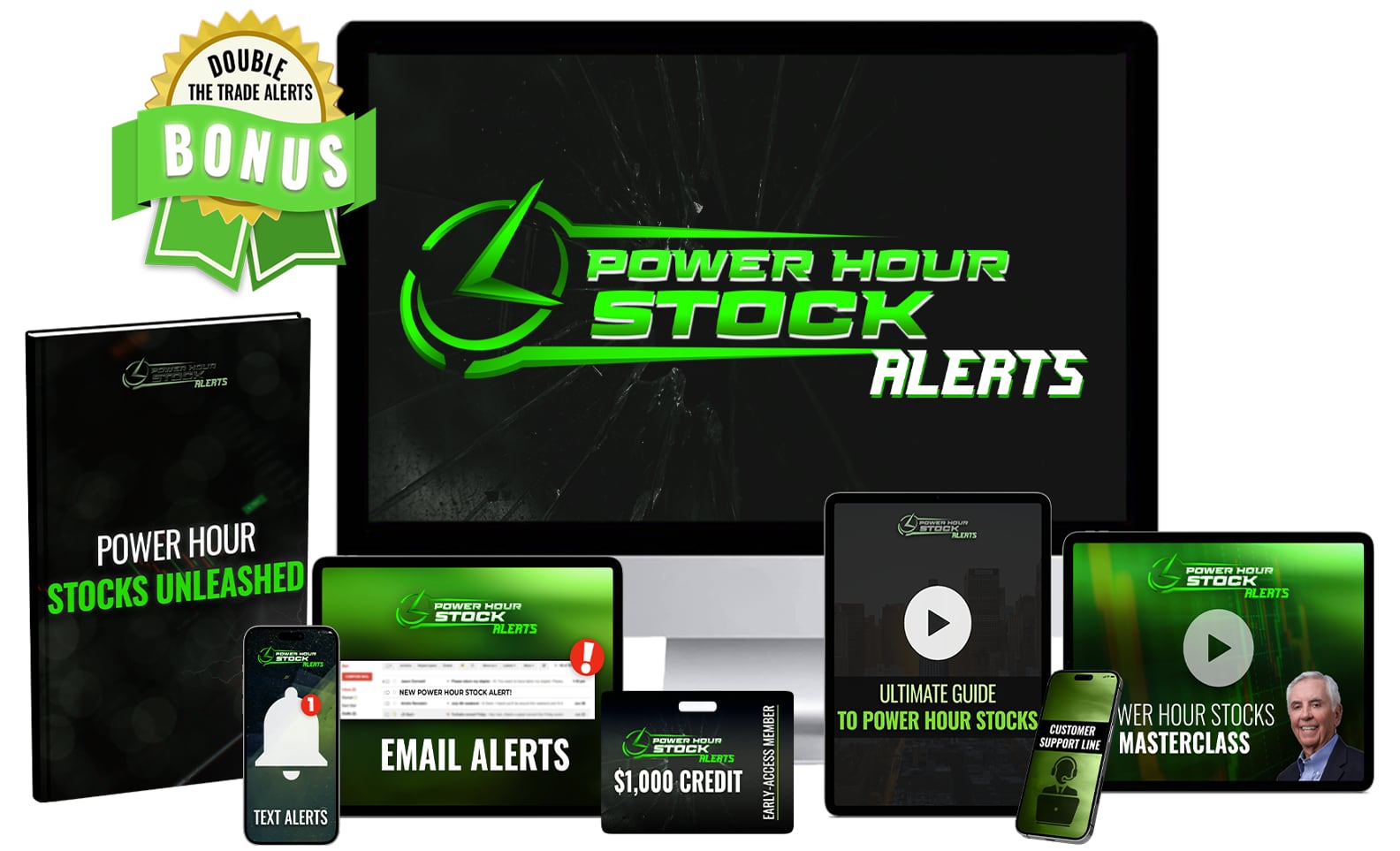 Power Hour Stock Alerts, email alerts, masterclass, book, and video on various devices