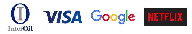 InterOil, Visa, Google, and Netflix Logos